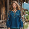 Women's Vintage Floral Embroidery Art V-neck Shirt elevenforest