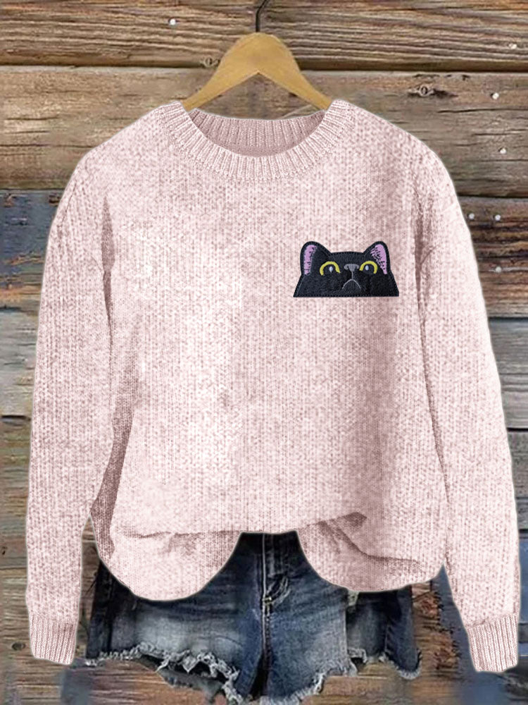 Comstylish Women's Casual Funny Black Cat Print Sweater