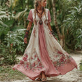 Women's Vintage Rose Floral Pattern V-neck Dress elevenforest