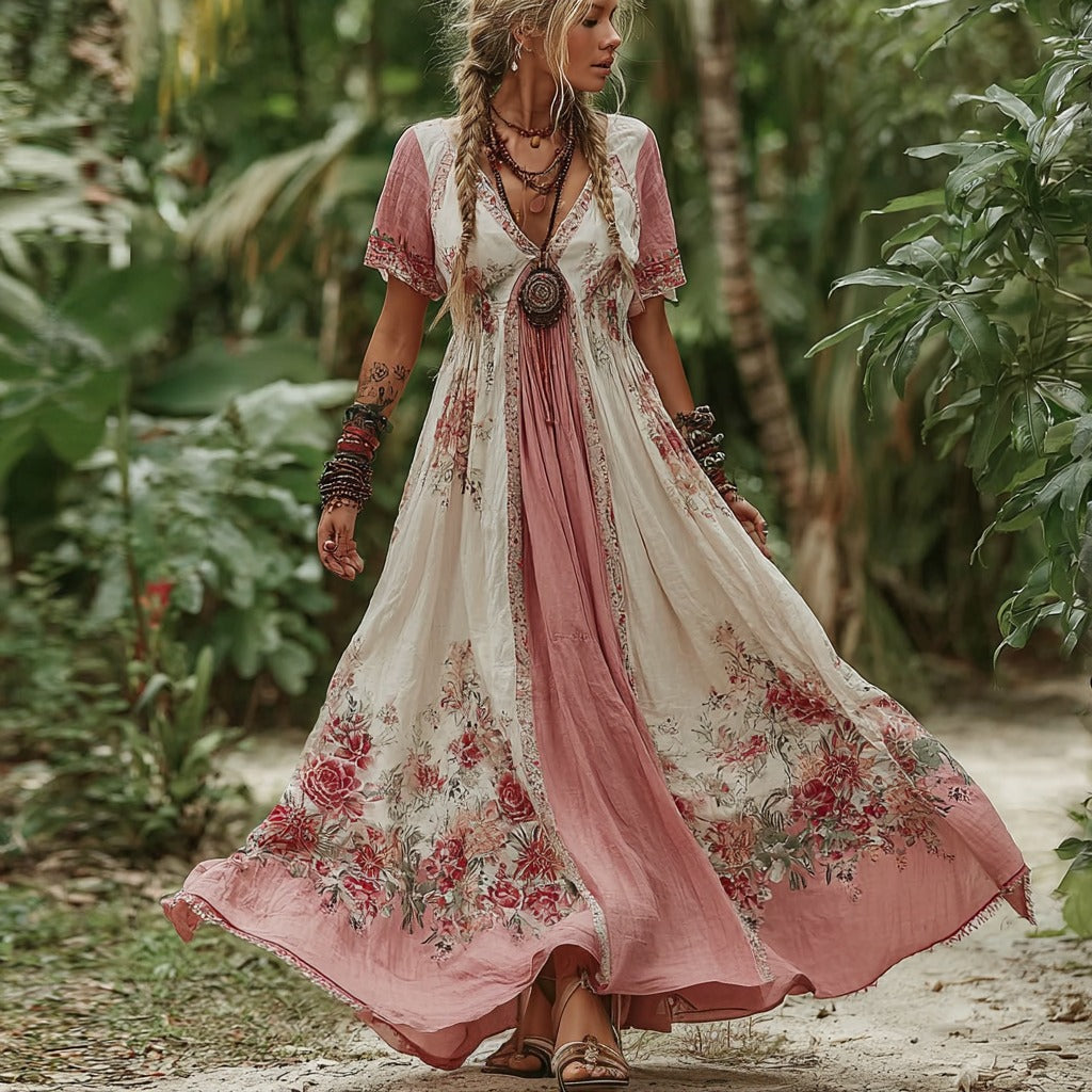 Women's Vintage Rose Floral Pattern V-neck Dress elevenforest