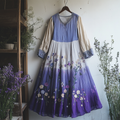 Vintage Boho Lavender Gradient Art Linen V-neck Maxi Dress elevenforest