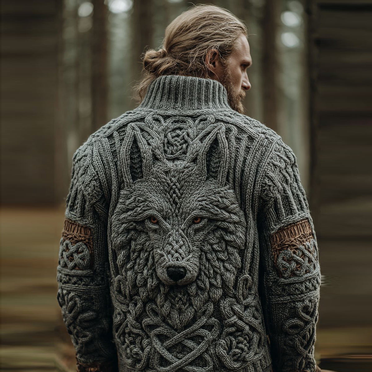 Men's Vintage Viking Wolf Pattern Cozy Knit Turtleneck Pullover Sweater elevenforest