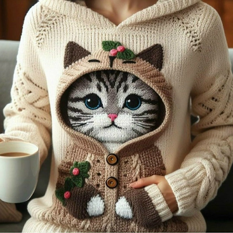 Comstylish Women's Cute Winter Cat Art Knitted Warm Sweater
