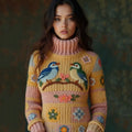 Comstylish Women's Flower And Bird Embroidered Turtleneck Sweater