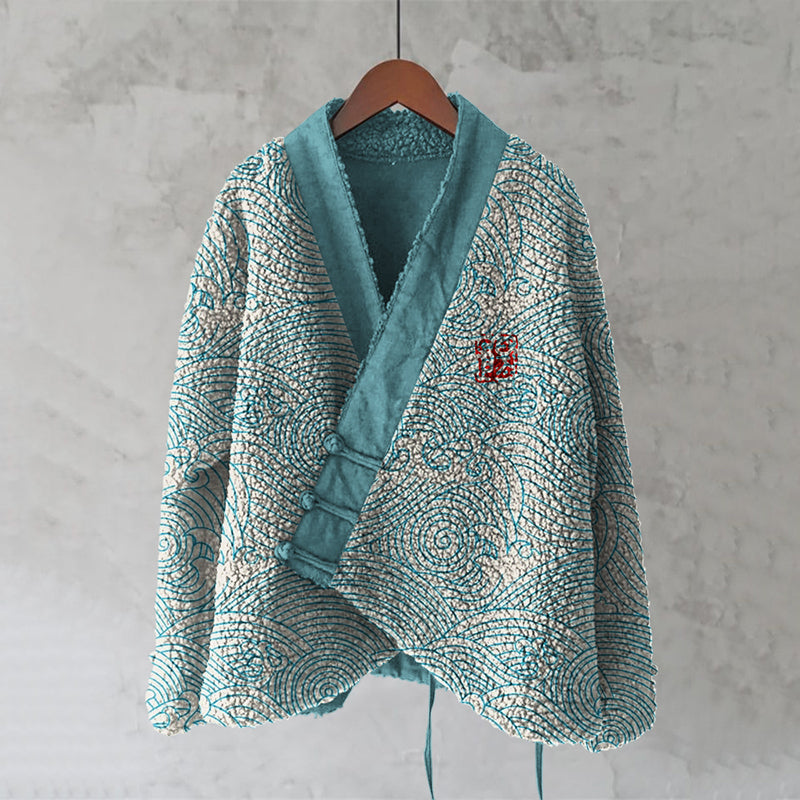 Japanese Wave Art Plush Kimono Cardigan elevenforest