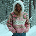 Comstylish Women's Bohemian Style Pink Rose Art Warm Hooded Knitted Sweater