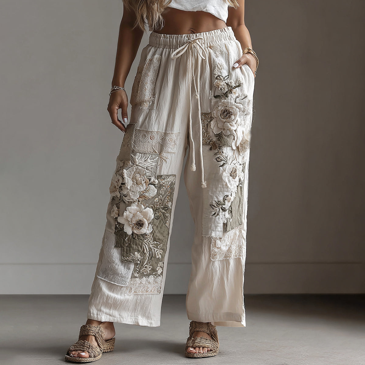 Women's Retro Floral Lace Patchwork Art Pocket Linen Casual Pants elevenforest