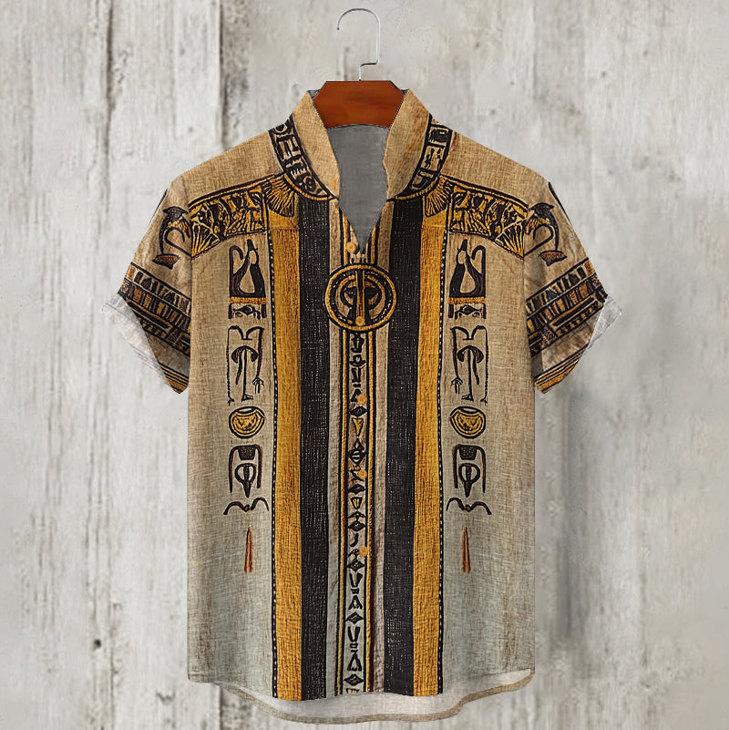 Ancient Egyptian Patchwork V-neck Linen Shirt elevenforest