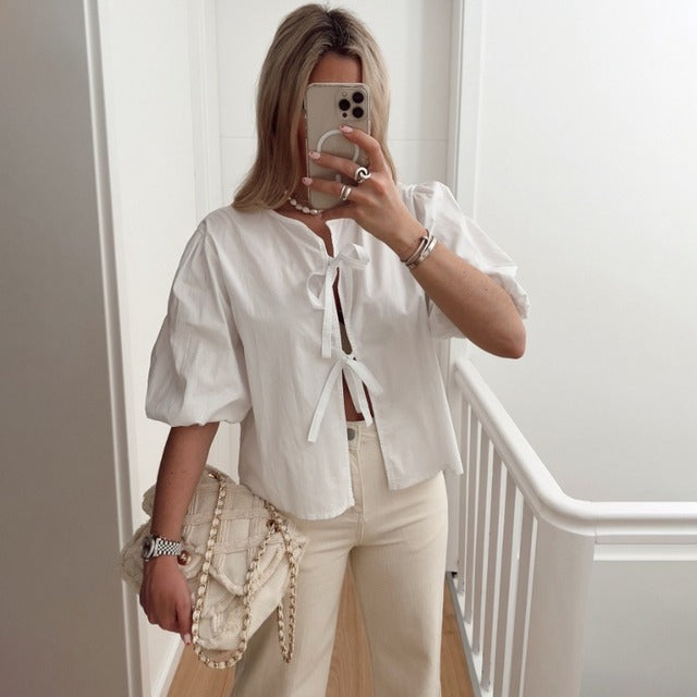 Trauxy White Lace-up Short Sleeve Shirt for Loose Color Patchwork Summer Blouse Female Club Party Outfits