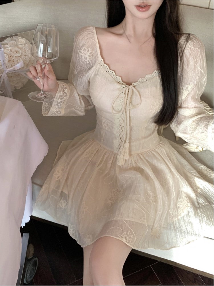 Slim Lace-up Mini Dress Bodycon V-neck Long Sleeve Spring French A-line Kawaii Birthday Party Vestidos Mujers