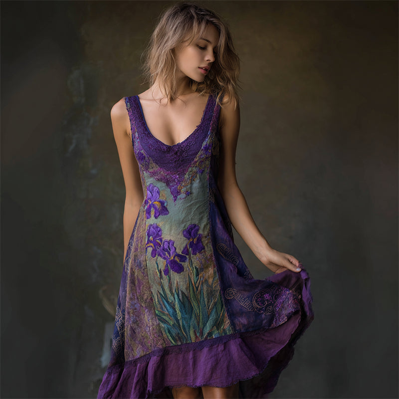 Purple Irises Embroidered Lace Patchwork Flowy Linen Dress elevenforest