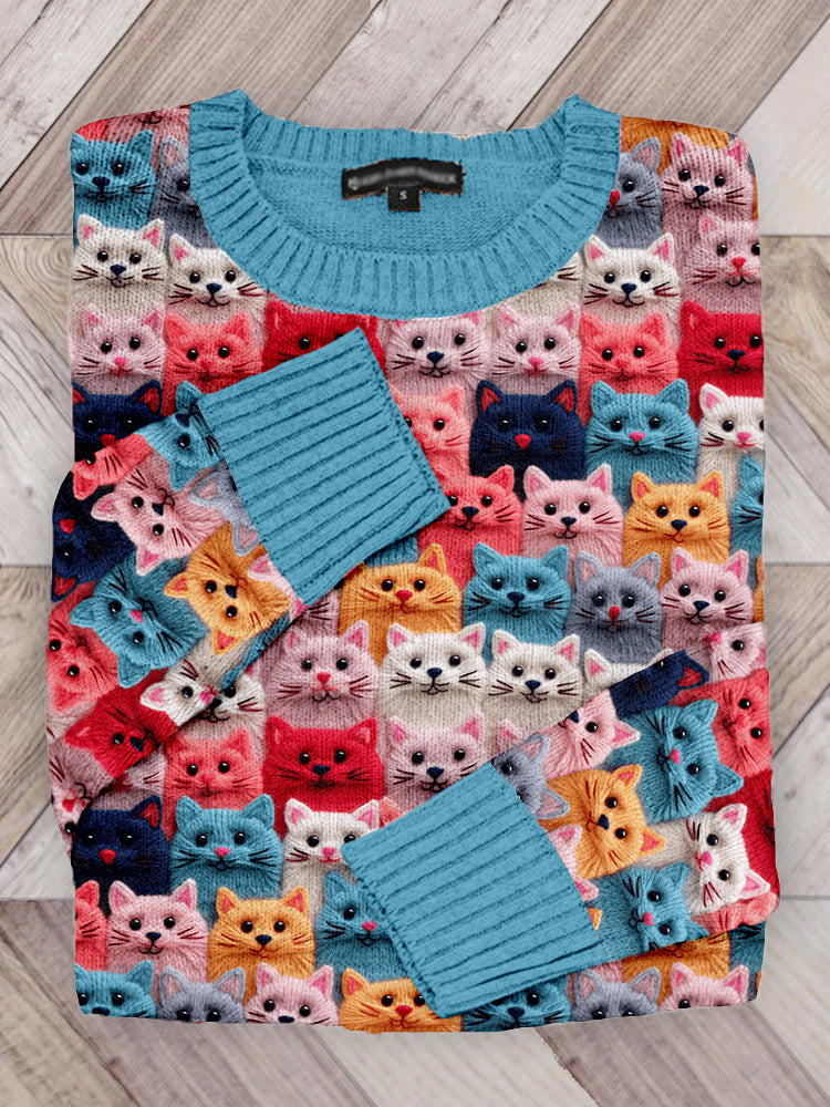 Colorful Cute Cats Embroidered Crew Neck Cozy Sweater elevenforest