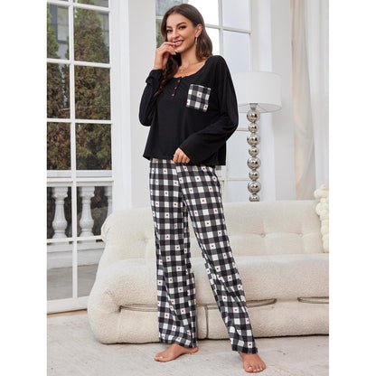 Pajamas Spring Autumn Plaid Long Sleeve Cardigan Homewear Two Piece Set