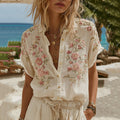 Women's Vintage Pink Floral Embroidery Art Casual Short Sleeve Shirt elevenforest