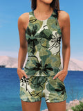 Vintage Floral Print Halter Ruffle Ruched Jacquard Tankini Short Set