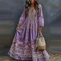 Women's Retro Floral Art Flowy Linen Blend Casual Long Sleeve Maxi Dress elevenforest
