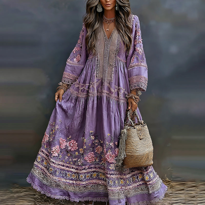 Women's Retro Floral Art Flowy Linen Blend Casual Long Sleeve Maxi Dress elevenforest