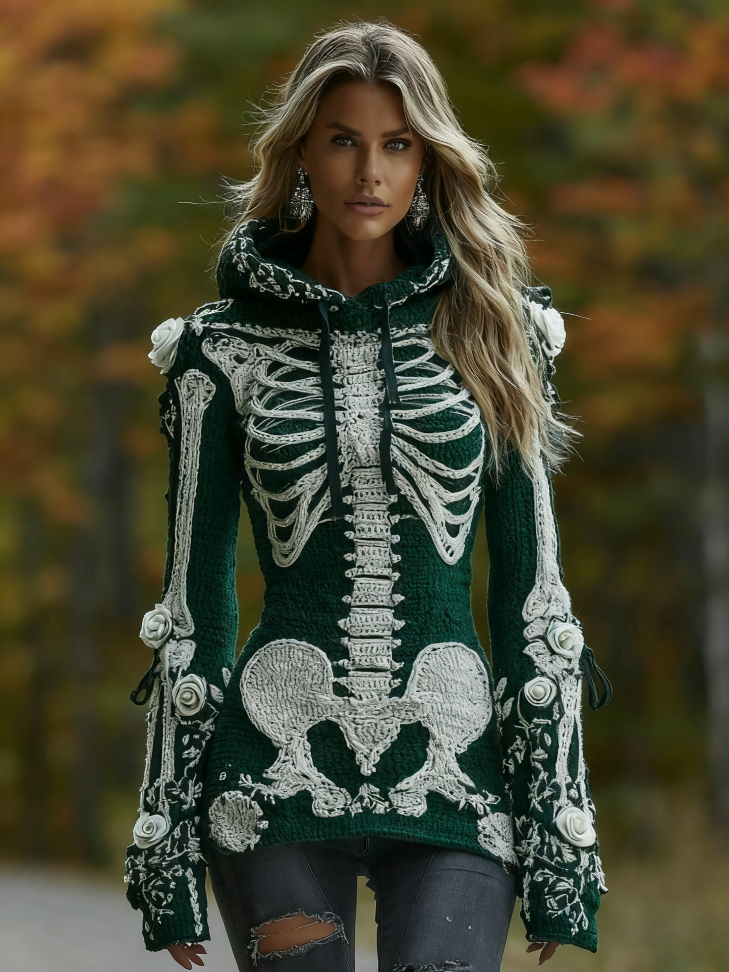 Women's Halloween Skeleton Bones With Roses Art Knitted Warm Hooded Sweater artswardrobe