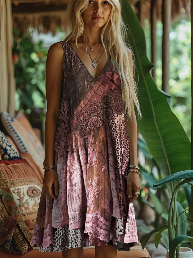 Vintage Lace Floral Embroidery Women's Linen Vest Dress elevenforest