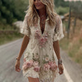 Women's Vintage Floral Embroidery V Neck Midi Dress elevenforest