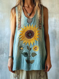 Vintage Boho Sunflower Embroidered Linen Tank Top elevenforest