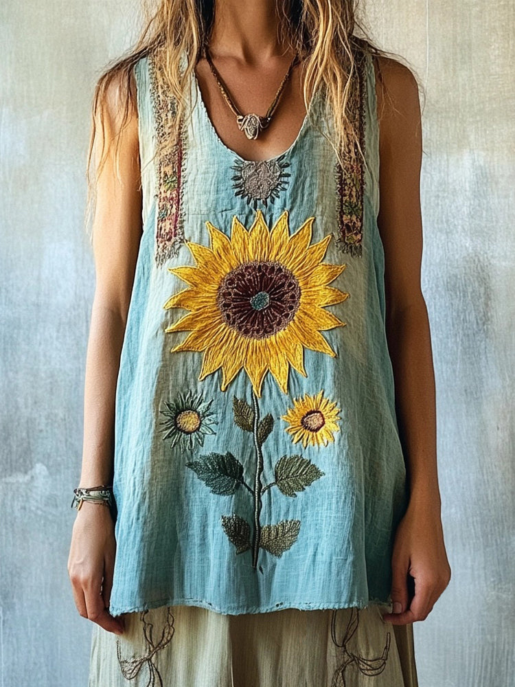 Vintage Boho Sunflower Embroidered Linen Tank Top elevenforest