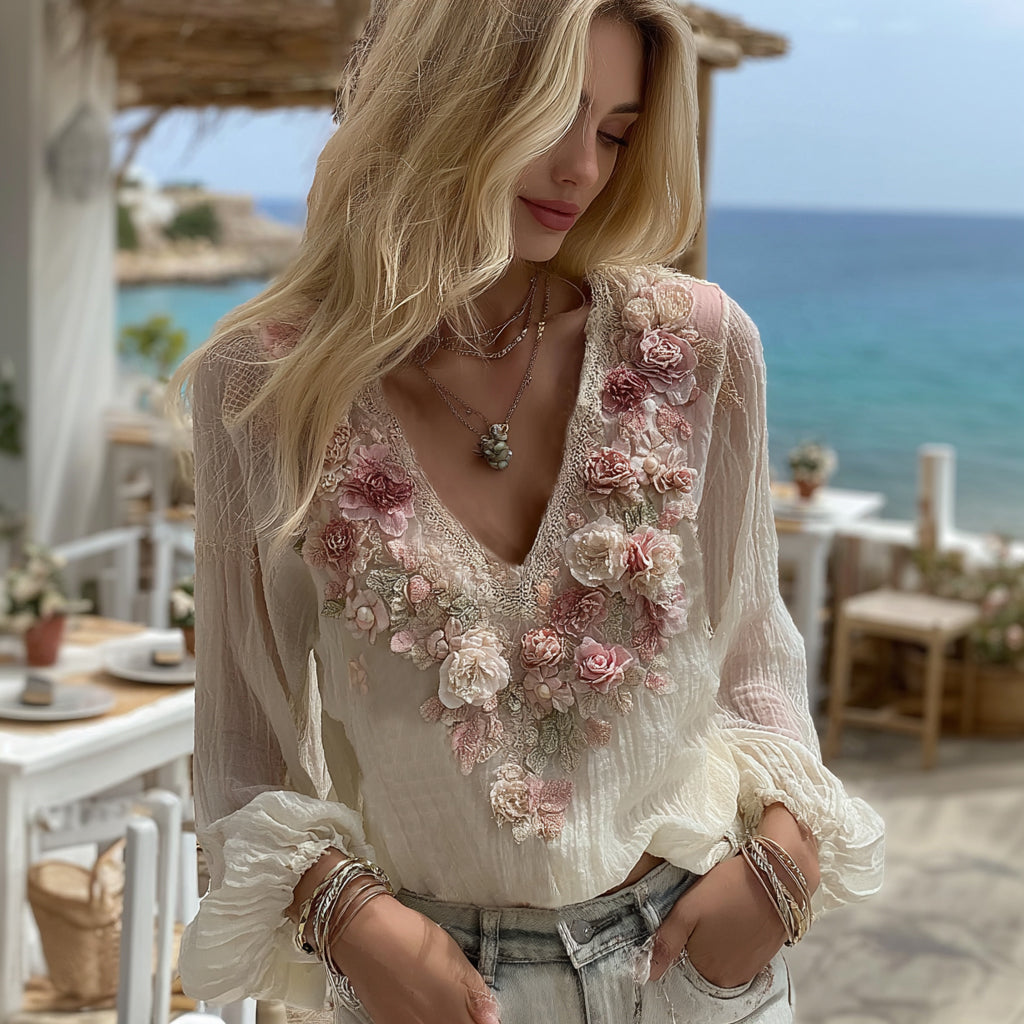 Women's Pink Floral Embroidery Art V-neck Linen Blend T-shirt elevenforest
