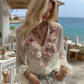 Women's Pink Floral Embroidery Art V-neck Linen Blend T-shirt elevenforest