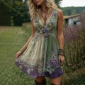 Classy Gradient Purple Lavender And Floral Embroidered Linen Tank Short Dress elevenforest