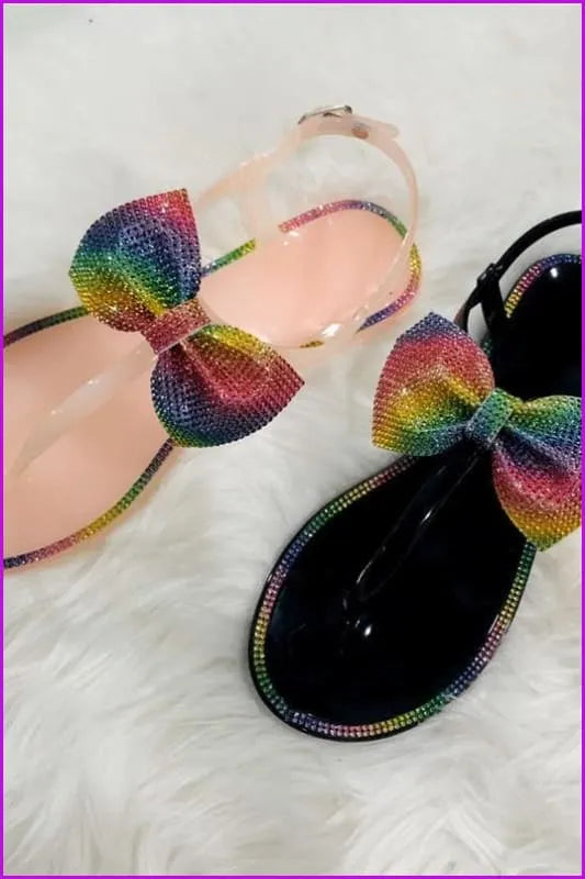 Bling Rainbow Crystal Bow Slippers Jelly Sandals Flat Slides De241