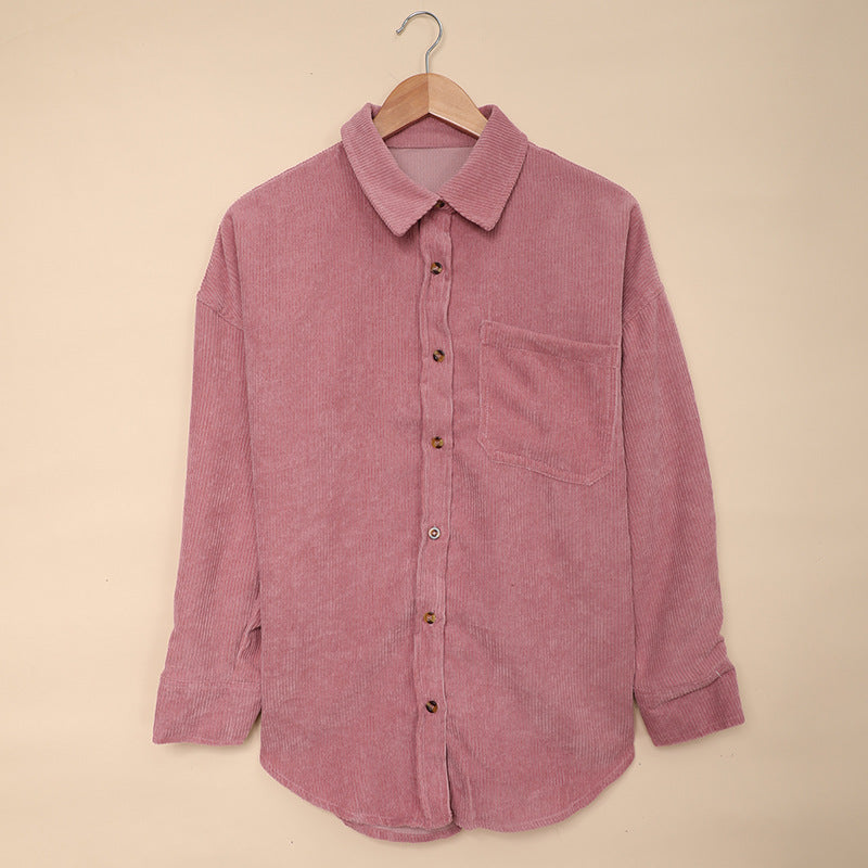 Color ’s Autumn Winter Corduroy Cardigan Shirt With Breasted Collar and Pocket