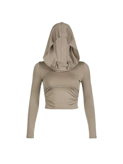 ’s Hooded Crop Tops Autumn Color Long Sleeve Cowl Neck Slim Fit Short T-shirt Sporty Basics Tees