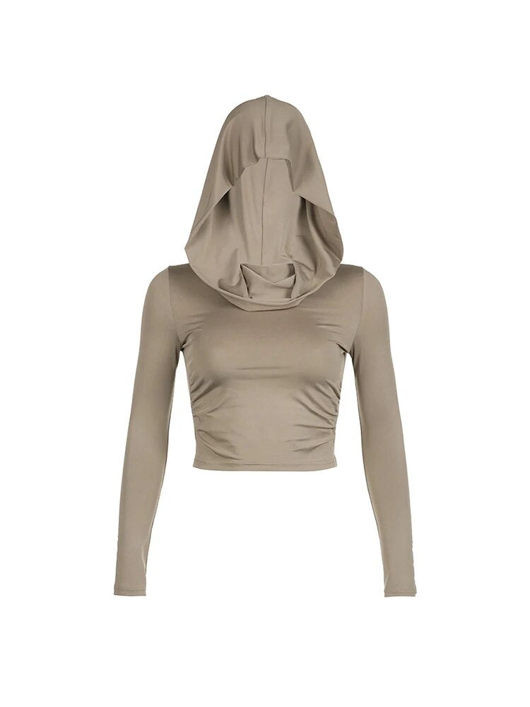 ’s Hooded Crop Tops Autumn Color Long Sleeve Cowl Neck Slim Fit Short T-shirt Sporty Basics Tees