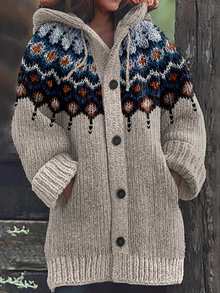 Retro Geometric Knitted Button Down Cozy Hoodie Sweater elevenforest