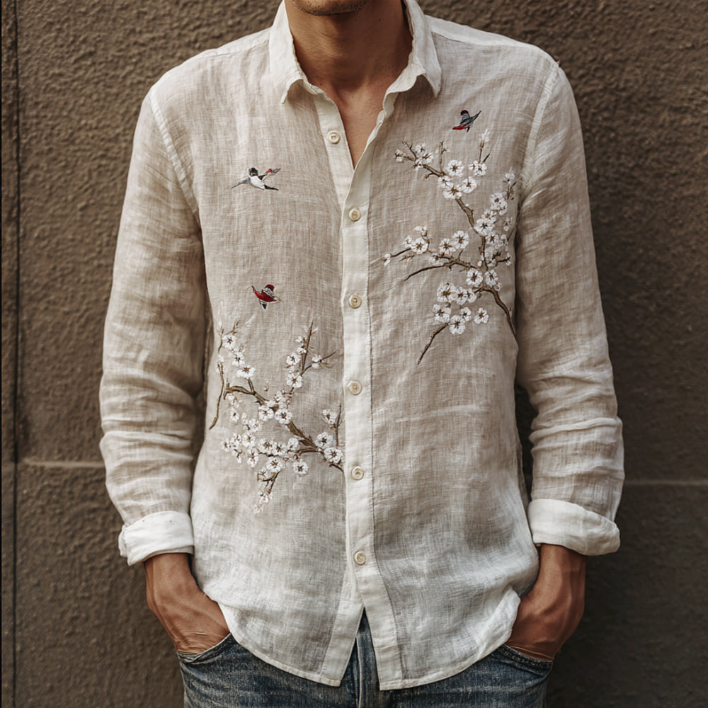 Men's Japanese Cherry Blossom And Little Bird Vintage White Button-down Shirt elevenforest