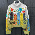 Vintage Colorful Cats With Floral Pattern Cozy Knit Sweater artswardrobe