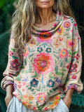 Women's Bohemian Floral Art Print Pile Collar Long Sleeve Cotton Shirt