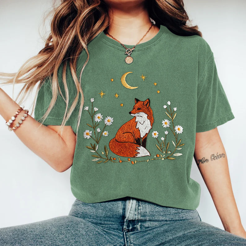 Comstylish Vintage Fox Embroidered Comfy T Shirt