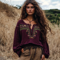 Boho Floral Tassel Art Linen Blend Loose Blouse elevenforest