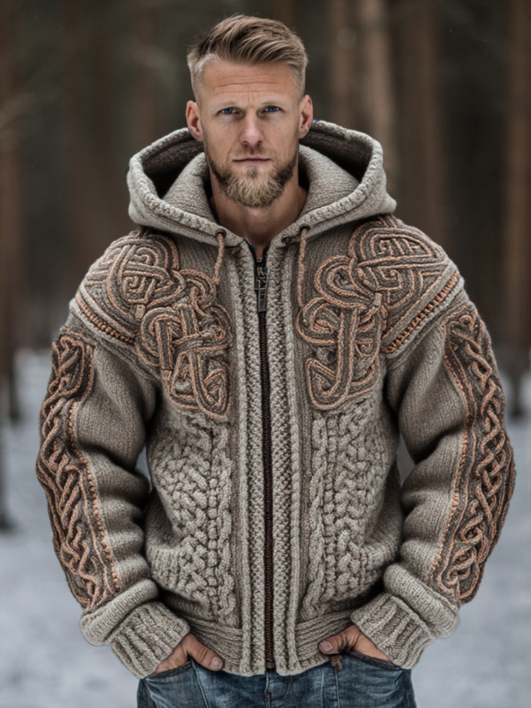 Men's Vintage Viking Celtic Knot Art Chunky Knit Hooded Zip-up Sweater artswardrobe