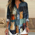 Casual Pop Cat Patchwork Cotton Linen Blouse