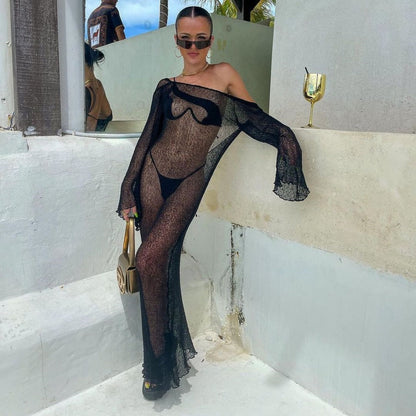 Summer See Through Vacation Blouse Bare Back Color Long Sleeve Knitted Dress Clothing