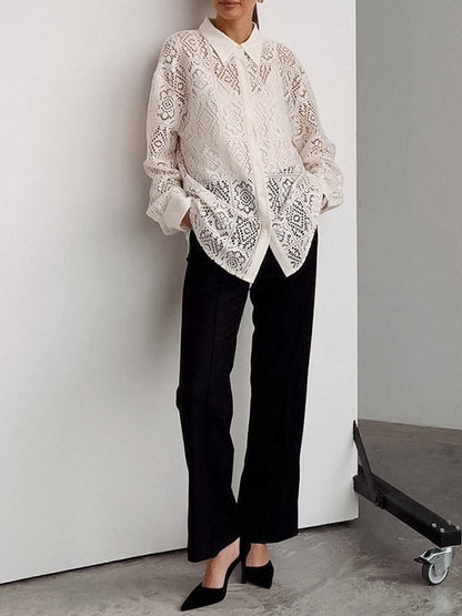Long Sleeves Loose Buttoned Hollow See-through Color Sun Protection Lapel Collar Blouses&shirts Tops
