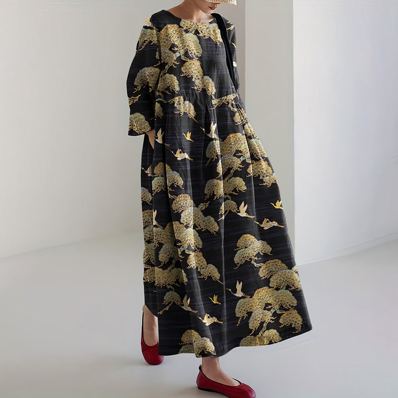 Japanese Art Crane Print Round Neck Loose Midi Dress elevenforest