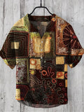 Vintage Patchwork Fabric Embroidered Art Men's Linen V-neck Shirt elevenforest