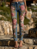 Vintage Pink Glitter Roses Embroidered Washed Skinny Jeans elevenforest