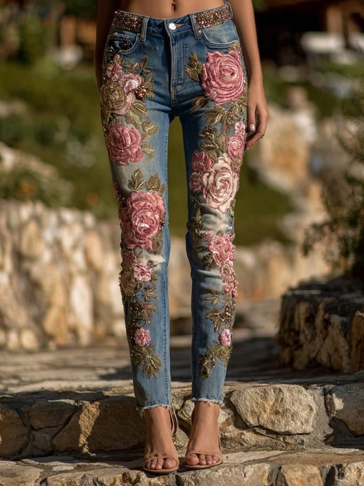 Vintage Pink Glitter Roses Embroidered Washed Skinny Jeans elevenforest