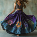 Vintage Floral Embroidered Pattern Art Linen Blend Skirt elevenforest