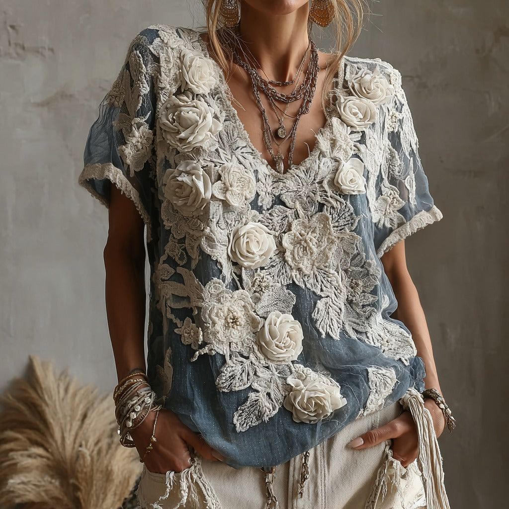 Women's Vintage White Rose Pattern Linen V-neck T-shirt elevenforest