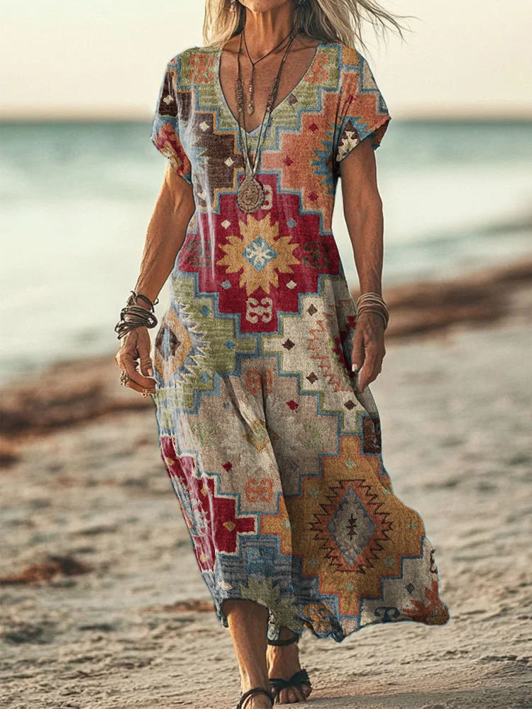Women's Western Geometric Print Linen Blend Dress elevenforest